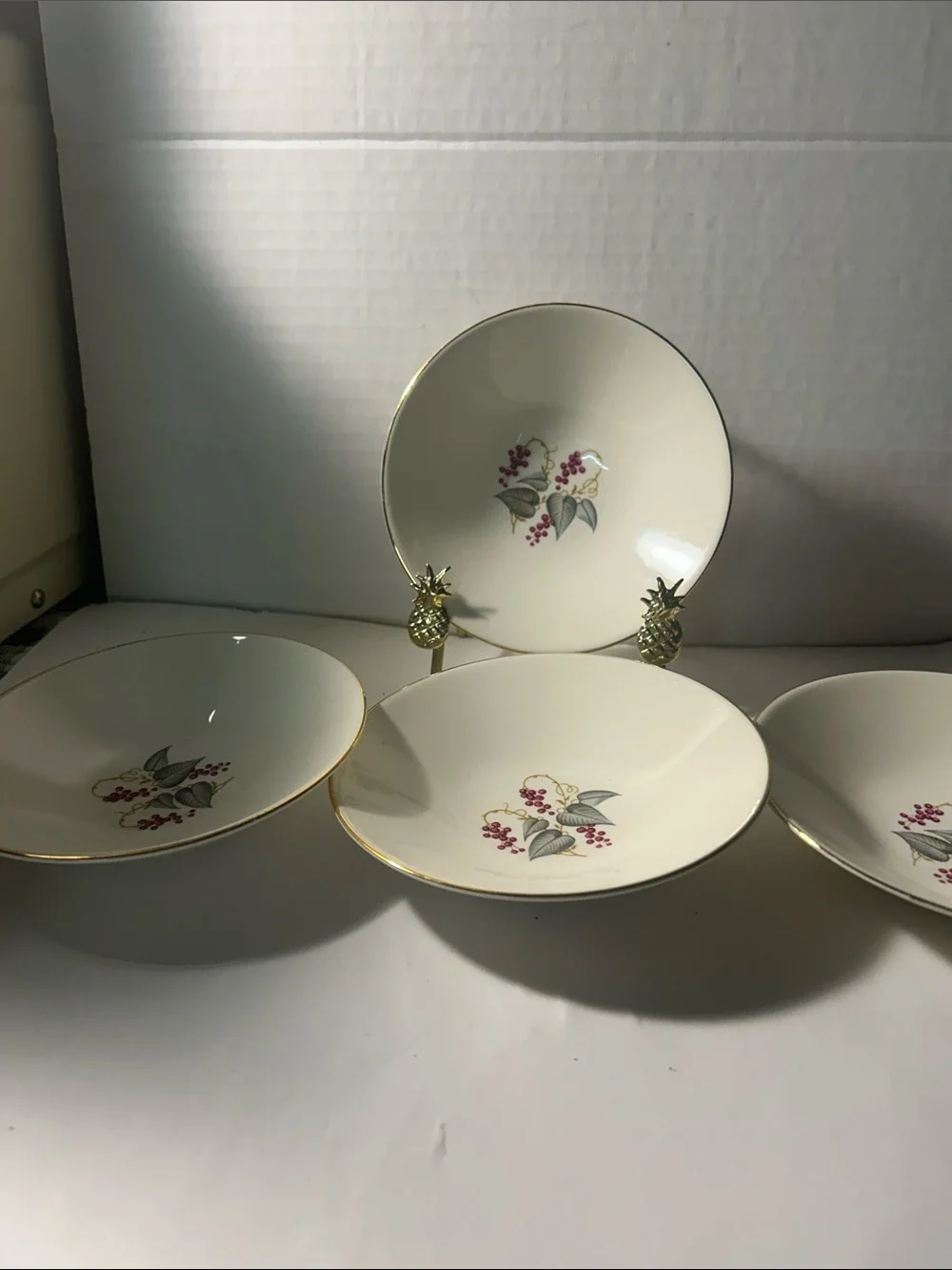 Porcelain Dessert Bowls with Pink Berry Motif and Gold Trim Vintage